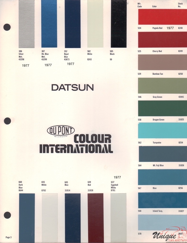 1977 Datsun Paint Charts DuPont 7